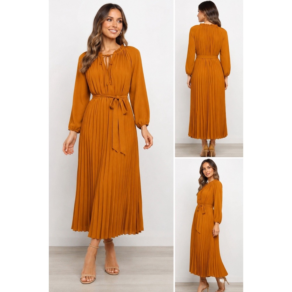 Nanette Lepore Dress Size 8 Glazed Ginger Pleated Midi Boho Tie Neck Belted Fall